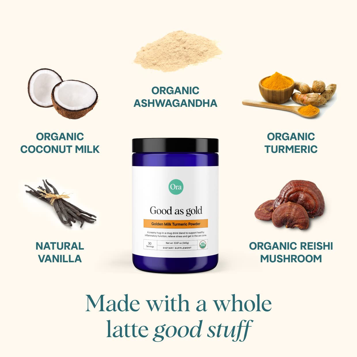 Ora Organic Golden Milk powder ingredients highlight organic, vegan qualities.