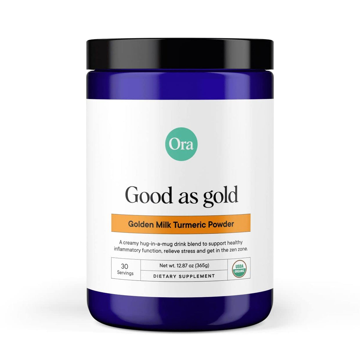 Ora Organic Golden Milk Powder jar showcasing turmeric blend for cozy beverages.
