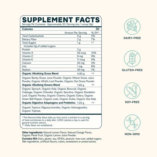 Ora Organic Greens Powder in blender with fresh fruit for a smoothie boost.