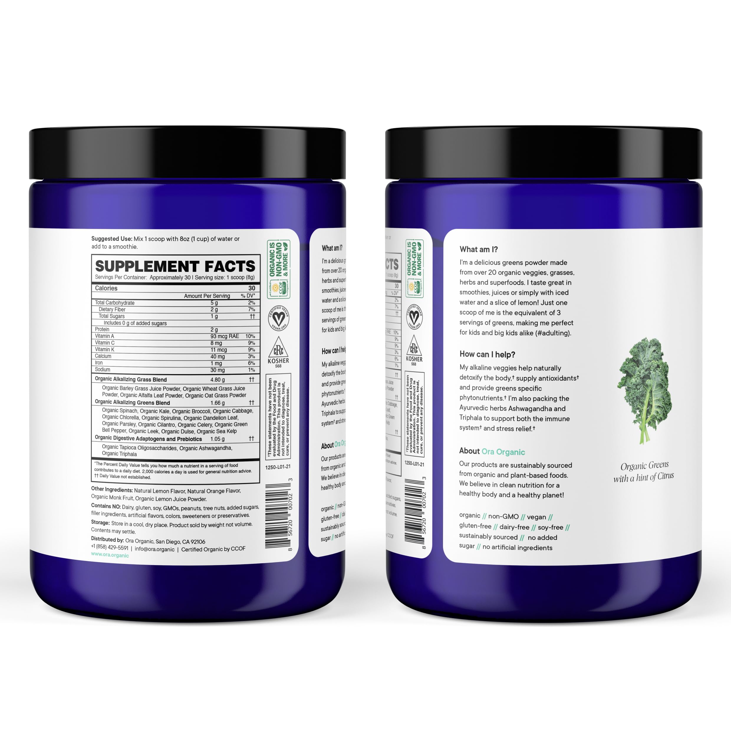 Close-up of Ora Organic Greens Powder greens ingredients like kale and spirulina.