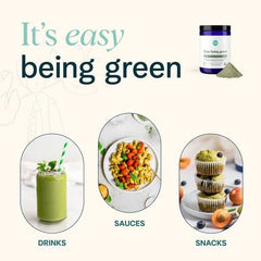 Ora Organic Greens Powder being poured into a citrus-tinted drink for flavor.