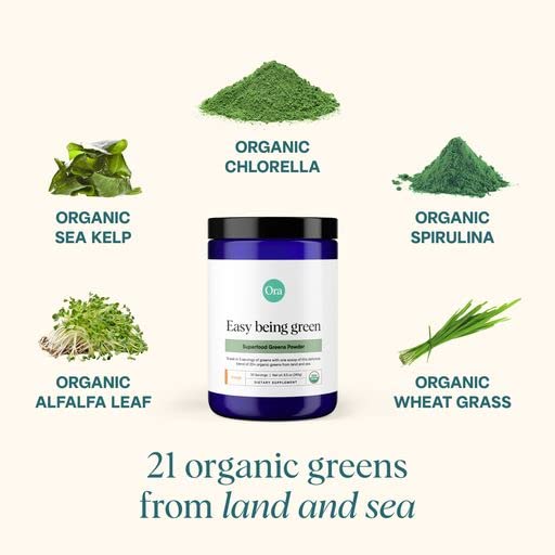 Ora Organic Greens Powder scoop beside a glass smoothie for quick energy.
