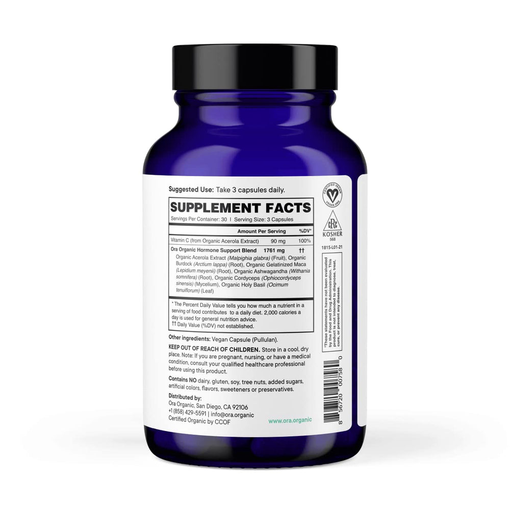 Ora Organic Hormone Balance capsules closeup for easy daily use.