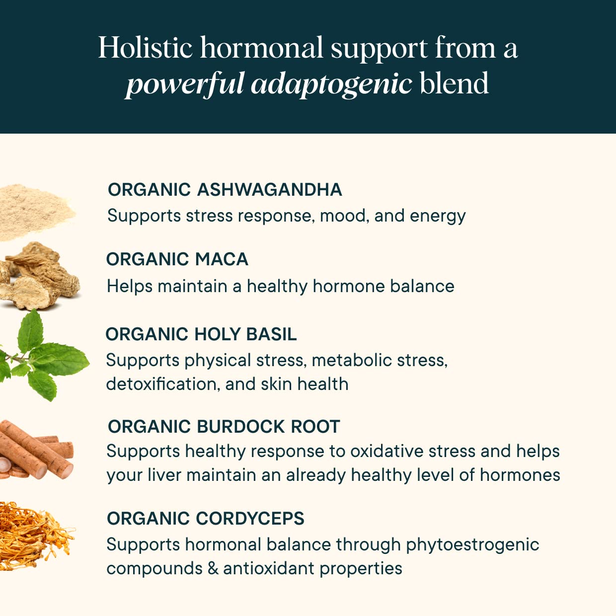 Ora Organic Hormone Balance label detail highlighting vegan and non-GMO status.