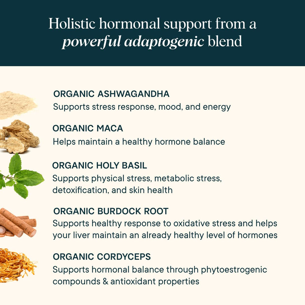 Ora Organic Hormone Balance label detail highlighting vegan and non-GMO status.