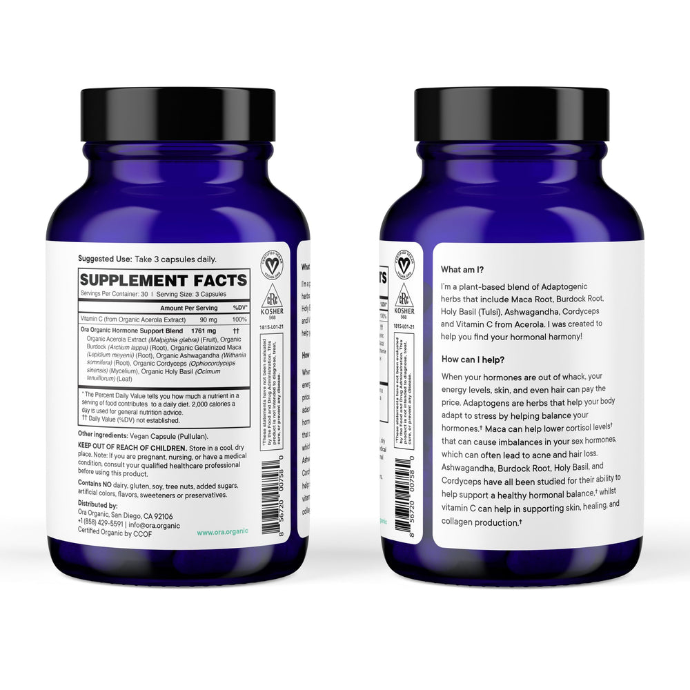 Ora Organic Hormone Balance maca roots signaling hormonal balance support.