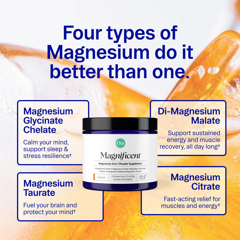 Glass of Ora Organic Magnesium Complex Tangerine ready to enjoy