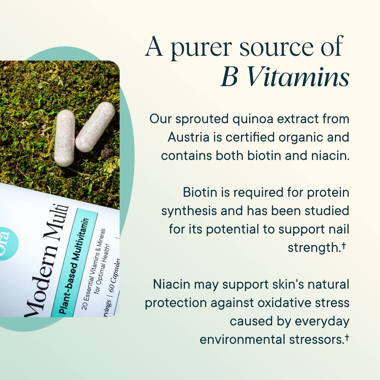 Ora Organic Modern Multi capsules close-up showing plant-based nutrition.