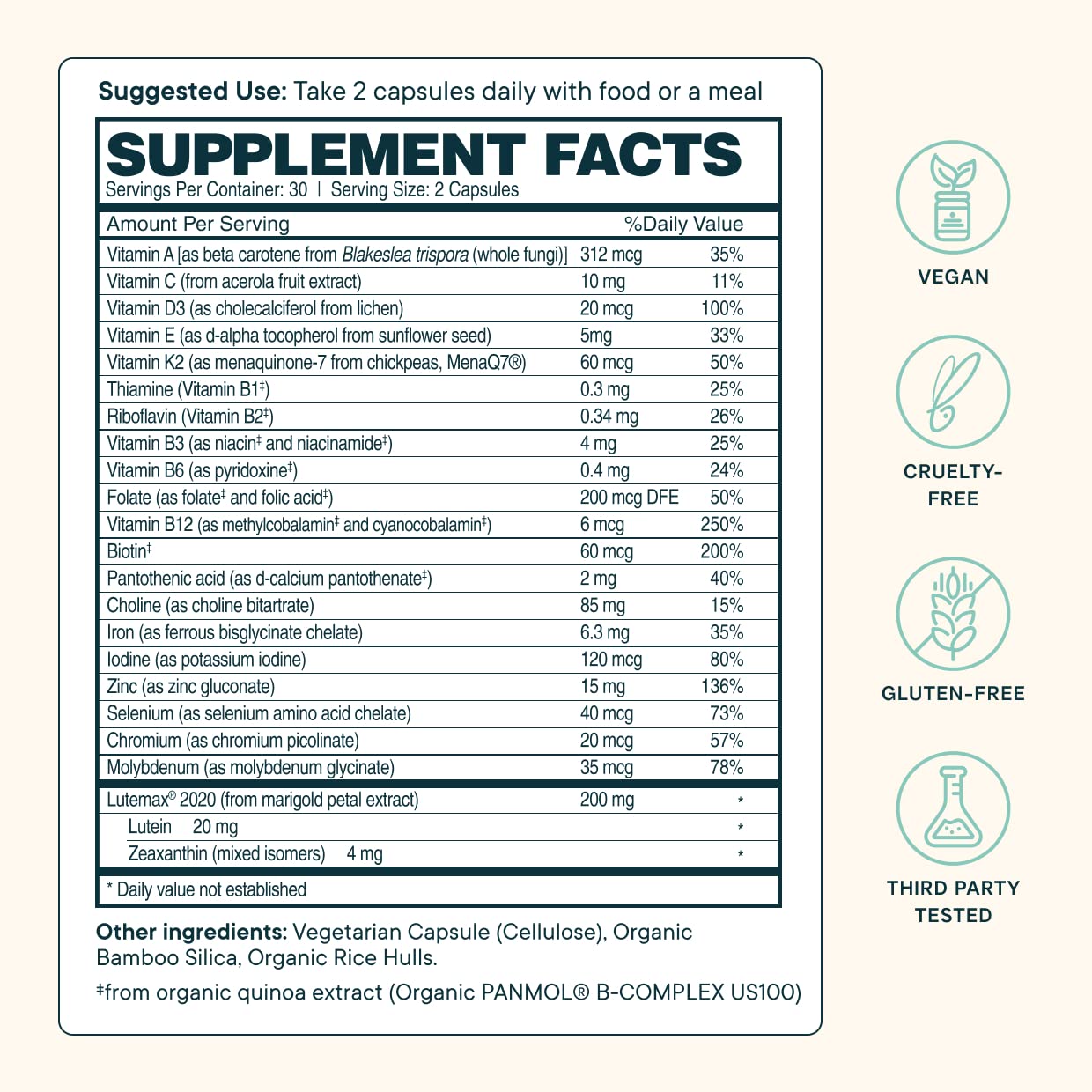 Ora Organic Modern Multi label view with dosage details.