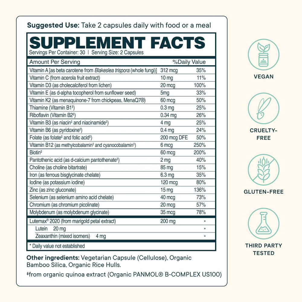 Ora Organic Modern Multi label view with dosage details.