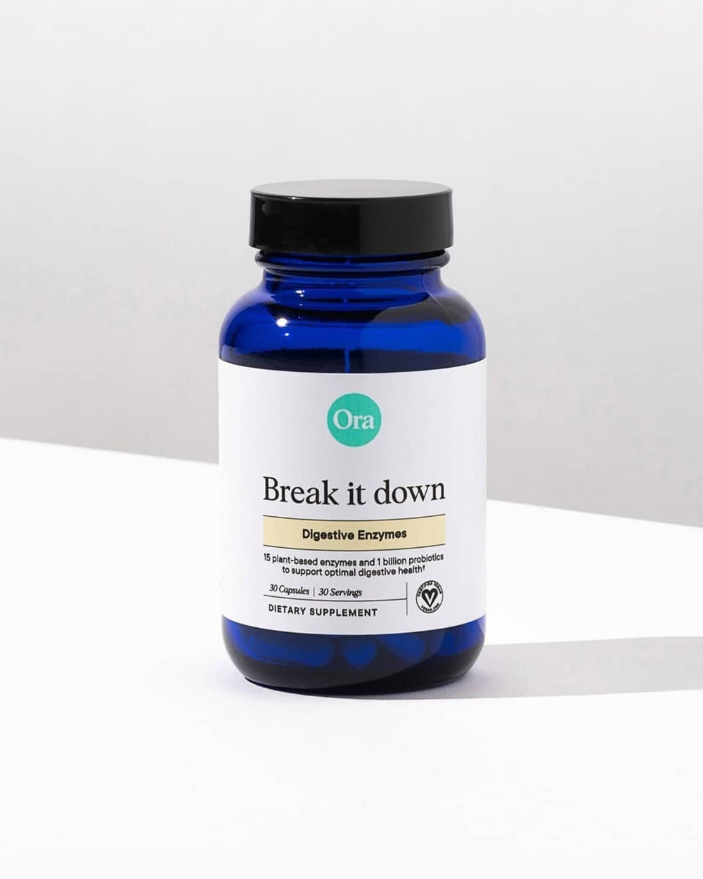 Ora Organic Multi-Enzyme back-of-label closeup explains dosage for daily digestion support.