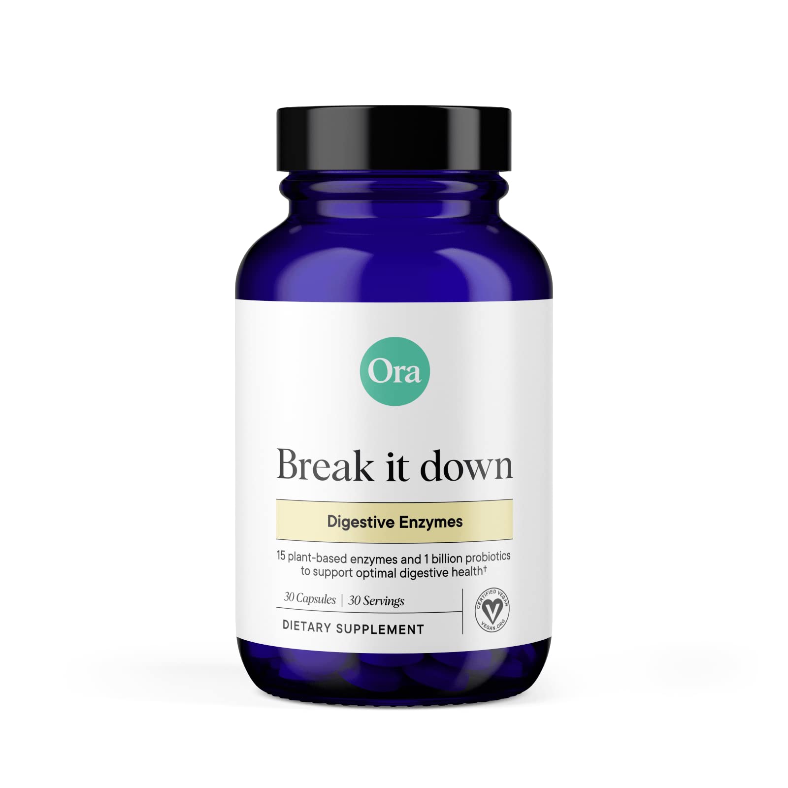Ora Organic Multi-Enzyme bottle label displaying vegan digestive support for varied meals.