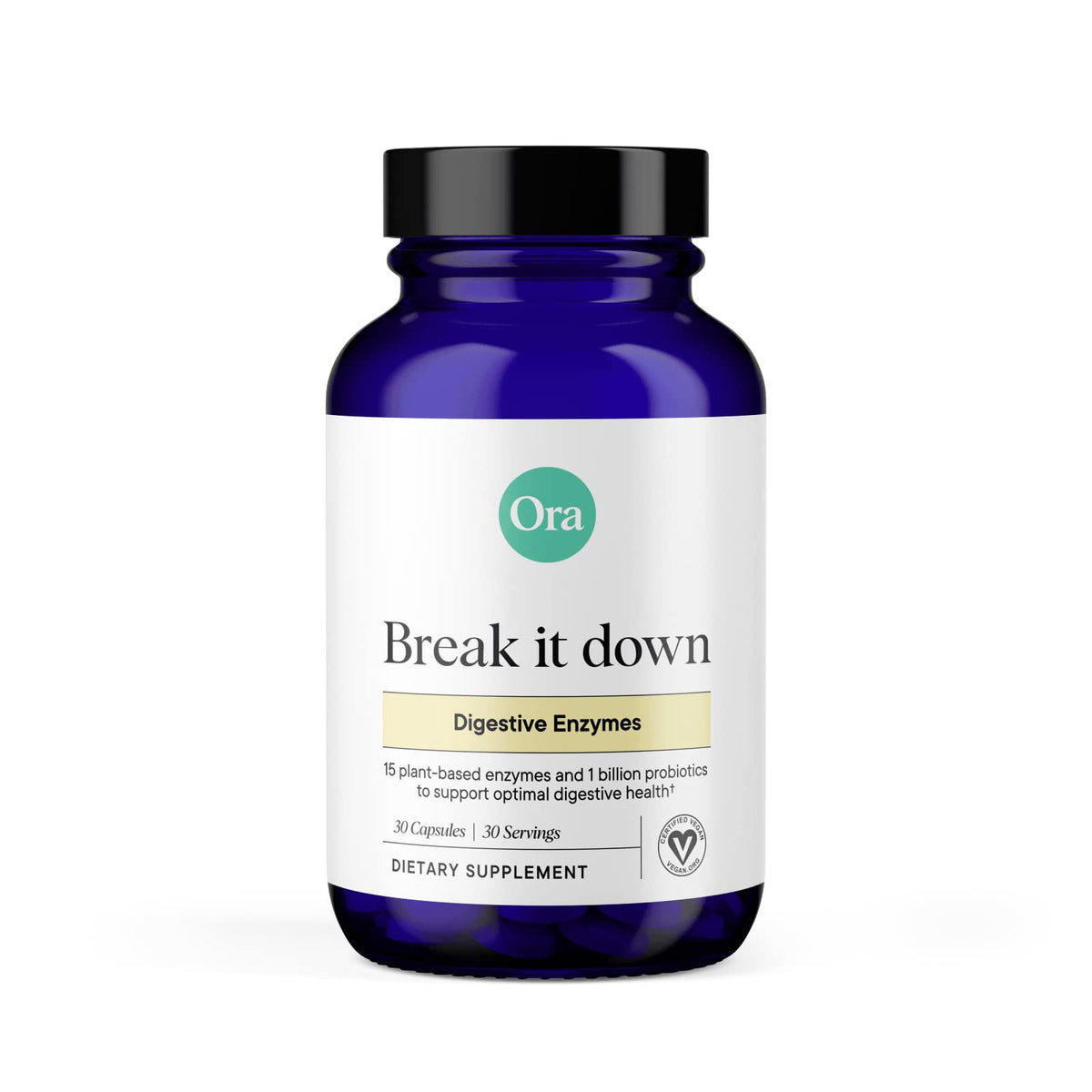 Ora Organic Multi-Enzyme bottle label displaying vegan digestive support for varied meals.