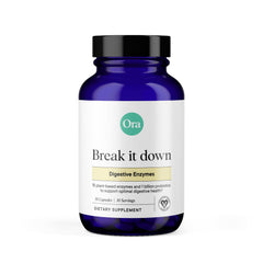 Ora Organic Multi-Enzyme bottle label displaying vegan digestive support for varied meals.
