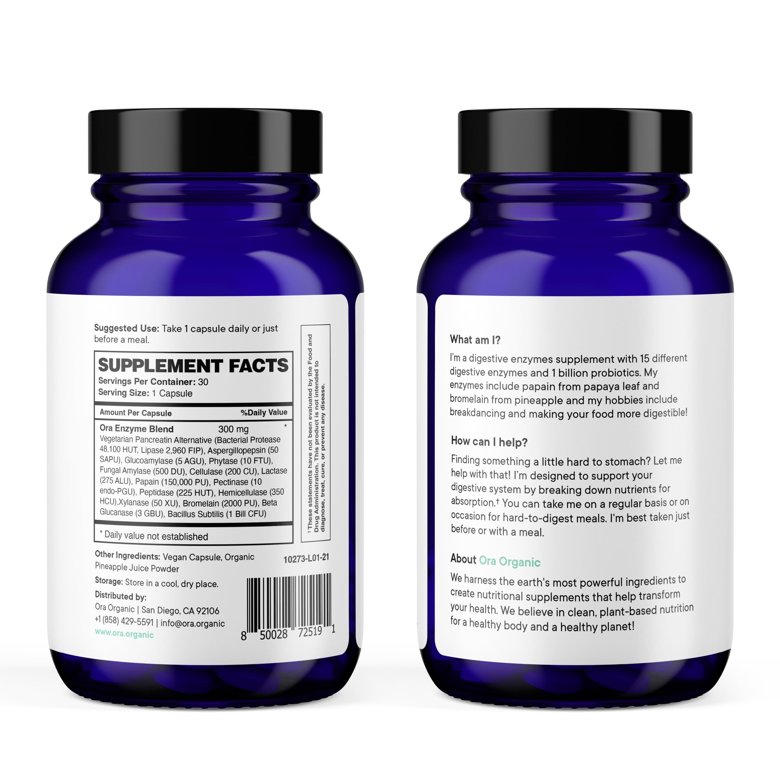 Ora Organic Multi-Enzyme ingredients list image communicates 15 enzymes plus probiotics for gut balance.