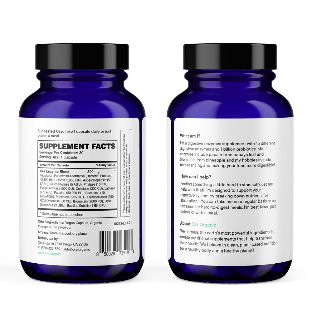 Ora Organic Multi-Enzyme ingredients list image communicates 15 enzymes plus probiotics for gut balance.