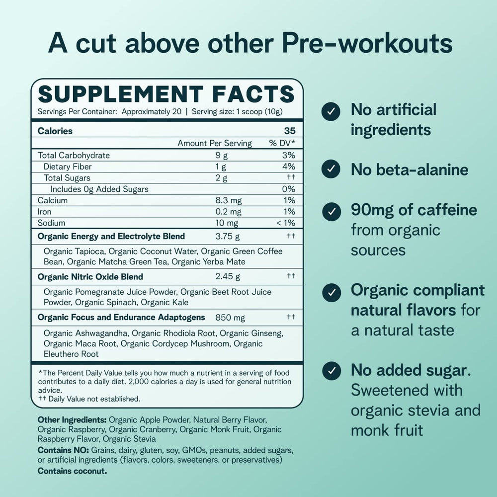 Glass of prepared Ora Organic Pre Workout Berry Beet shows drink ready