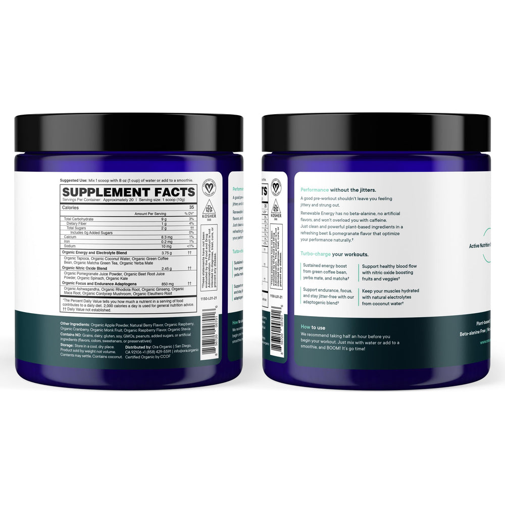 Third-party testing seal on Ora Organic Pre Workout bottle
