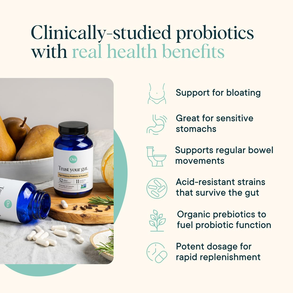 Close-up of Ora Organic Probiotics label showing 11 strains