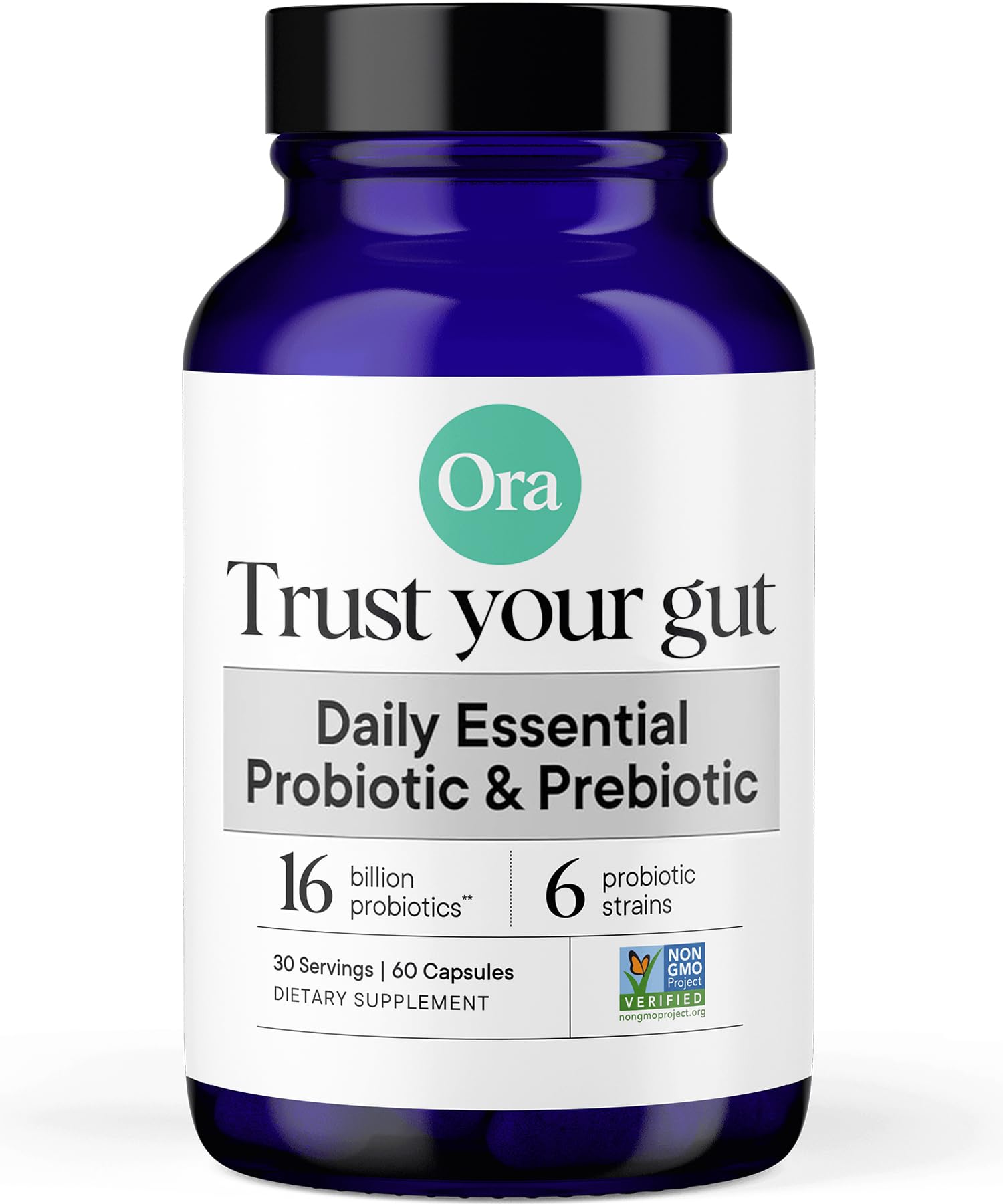 Ora Organic Probiotics bottle label highlights 16B CFU and six strains for digestive support