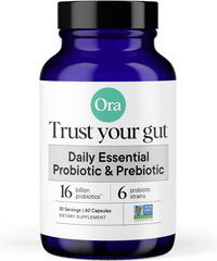 Ora Organic Probiotics bottle label highlights 16B CFU and six strains for digestive support