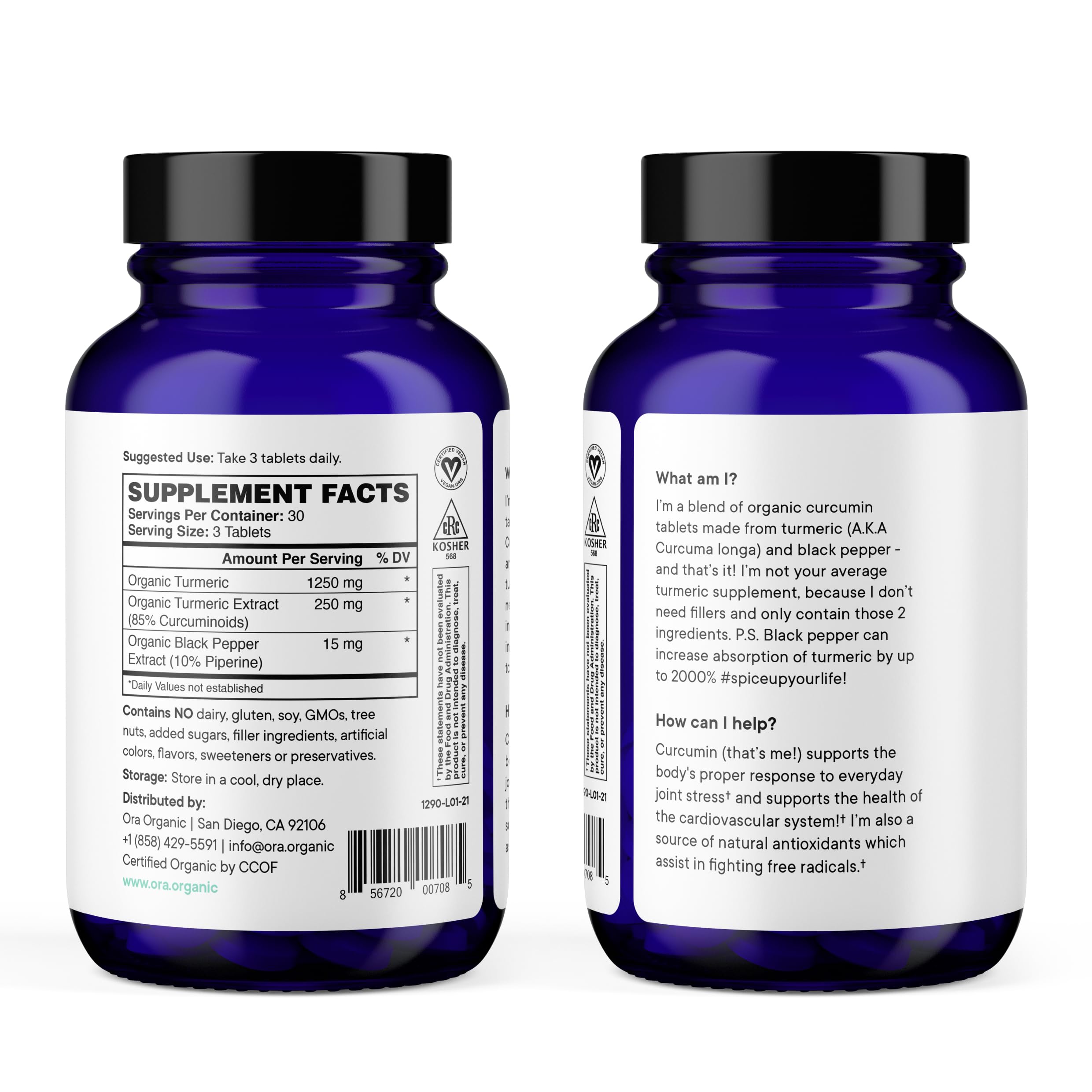 Ora Organic Turmeric Curcumin packaging front emphasizes clean, plant-based formula.