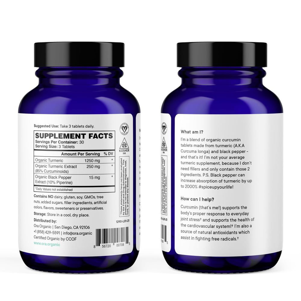 Ora Organic Turmeric Curcumin packaging front emphasizes clean, plant-based formula.