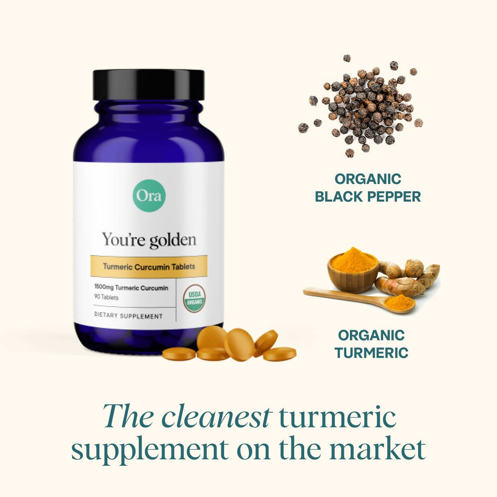 Ora Organic Turmeric Curcumin vegan tablets shown for easy daily use.