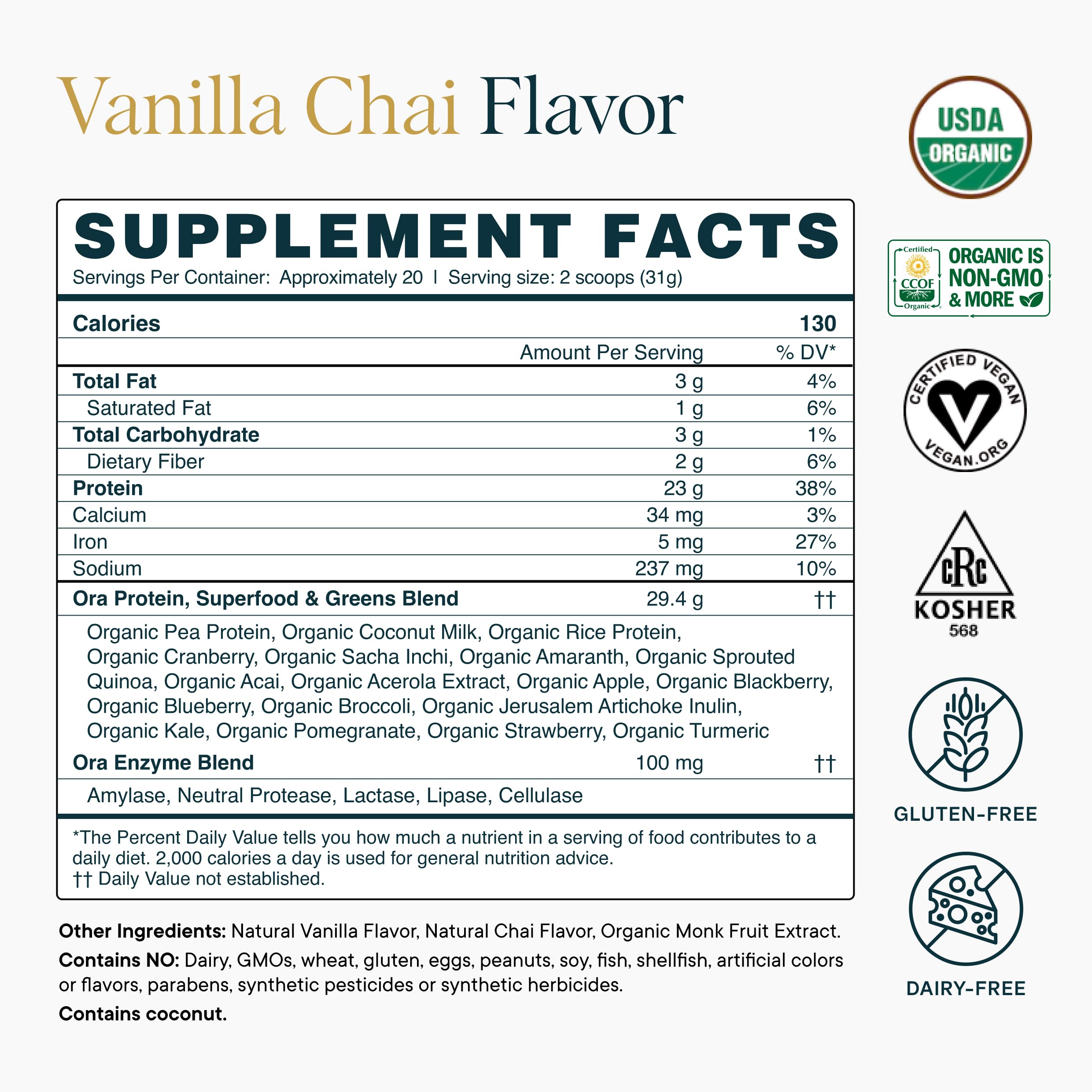 Ora Organic Vanilla Chai packaging on shelf with clean ingredients.