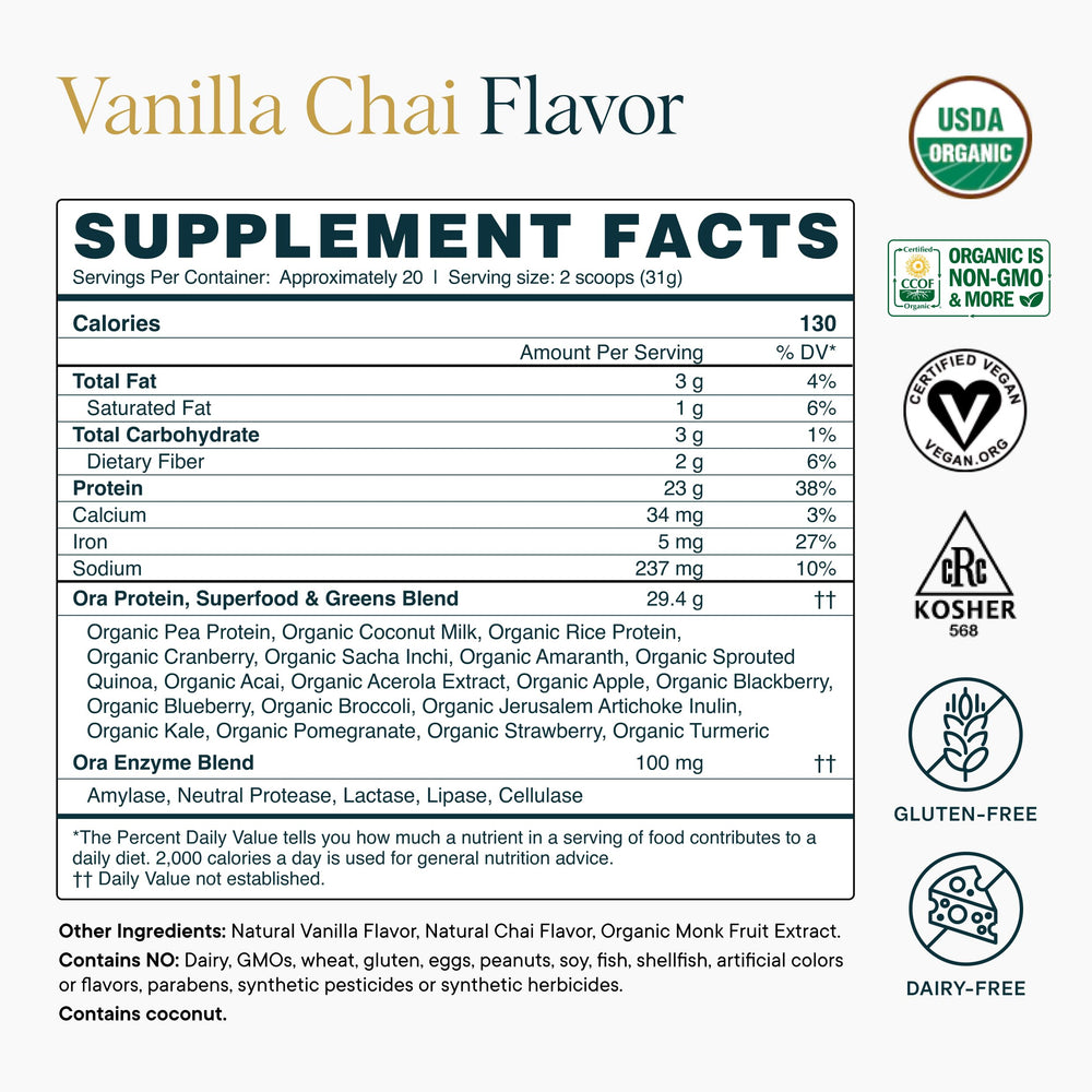 Ora Organic Vanilla Chai packaging on shelf with clean ingredients.