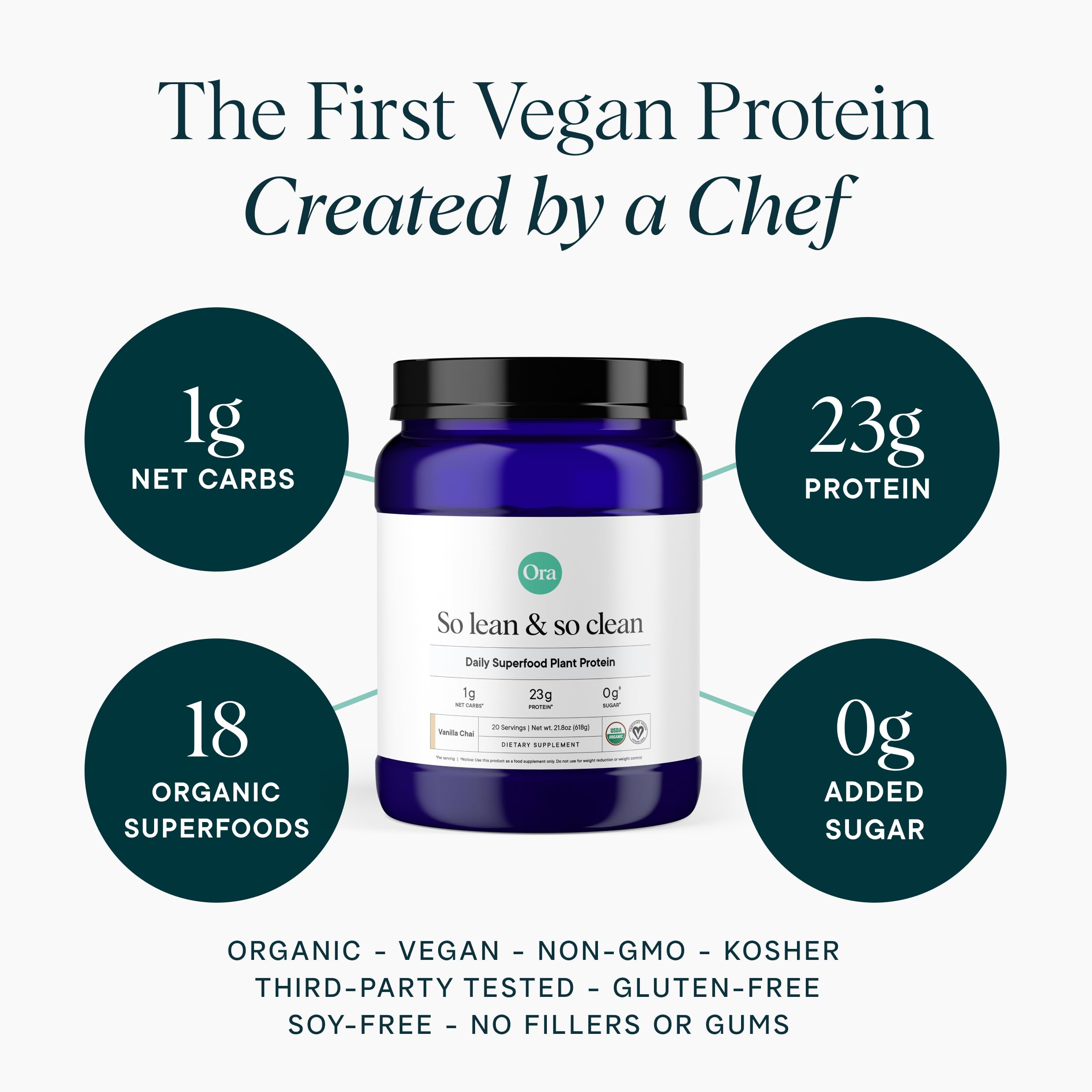 Ora Organic Vanilla Chai protein powder scoop shows serving size for quick, clean shakes.