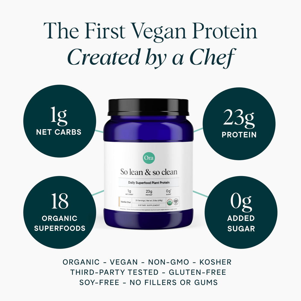 Ora Organic Vanilla Chai protein powder scoop shows serving size for quick, clean shakes.