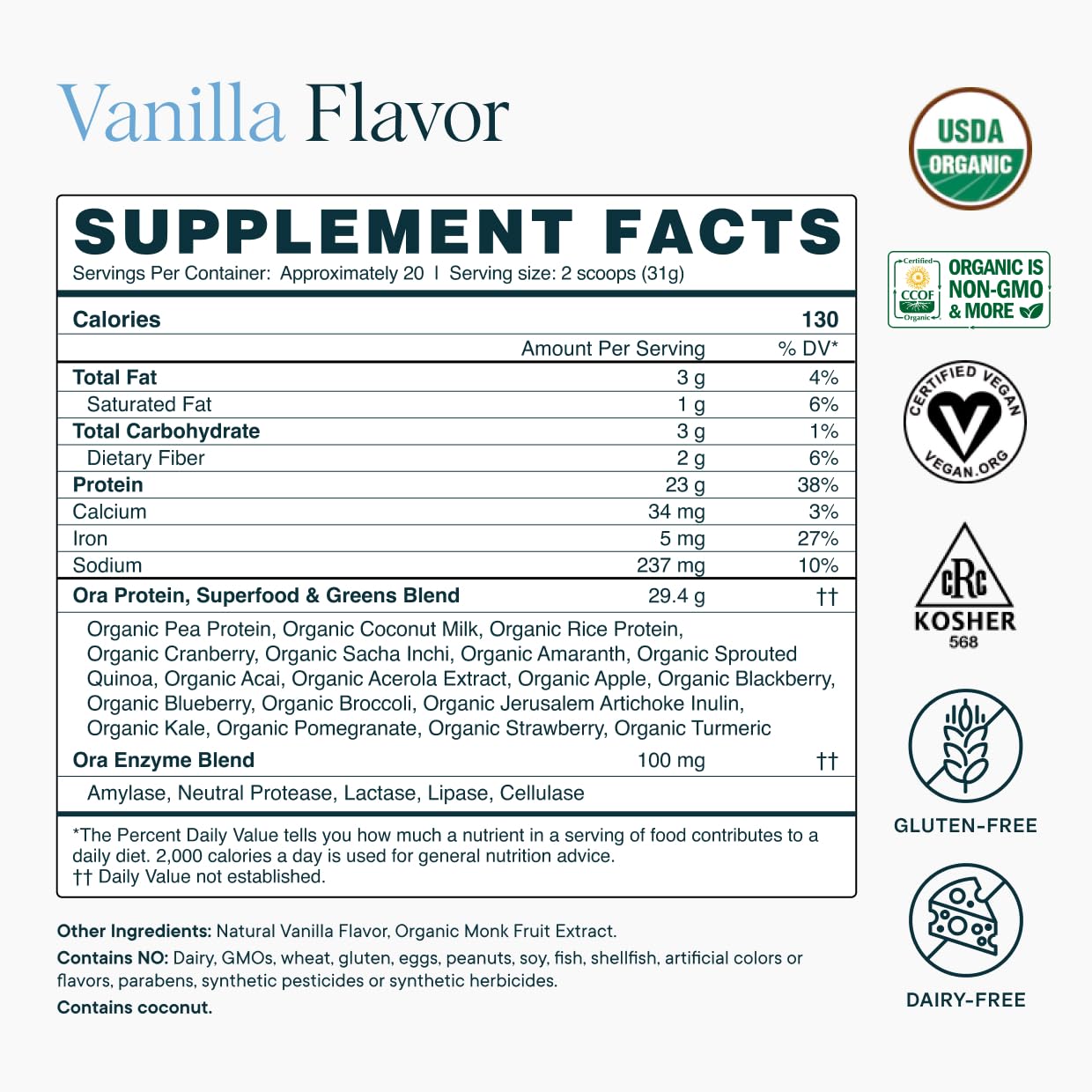 Ora Organic gluten-free plant-based protein label for clean diets
