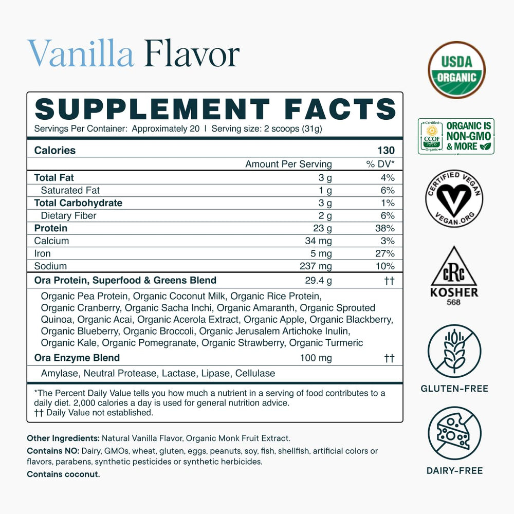 Ora Organic gluten-free plant-based protein label for clean diets