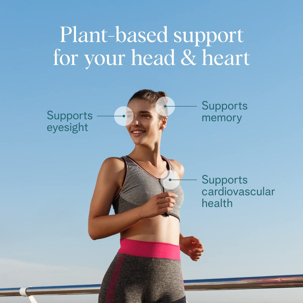Ora Organic vegan omega3 bottle front: easy daily intake for brain and heart support.