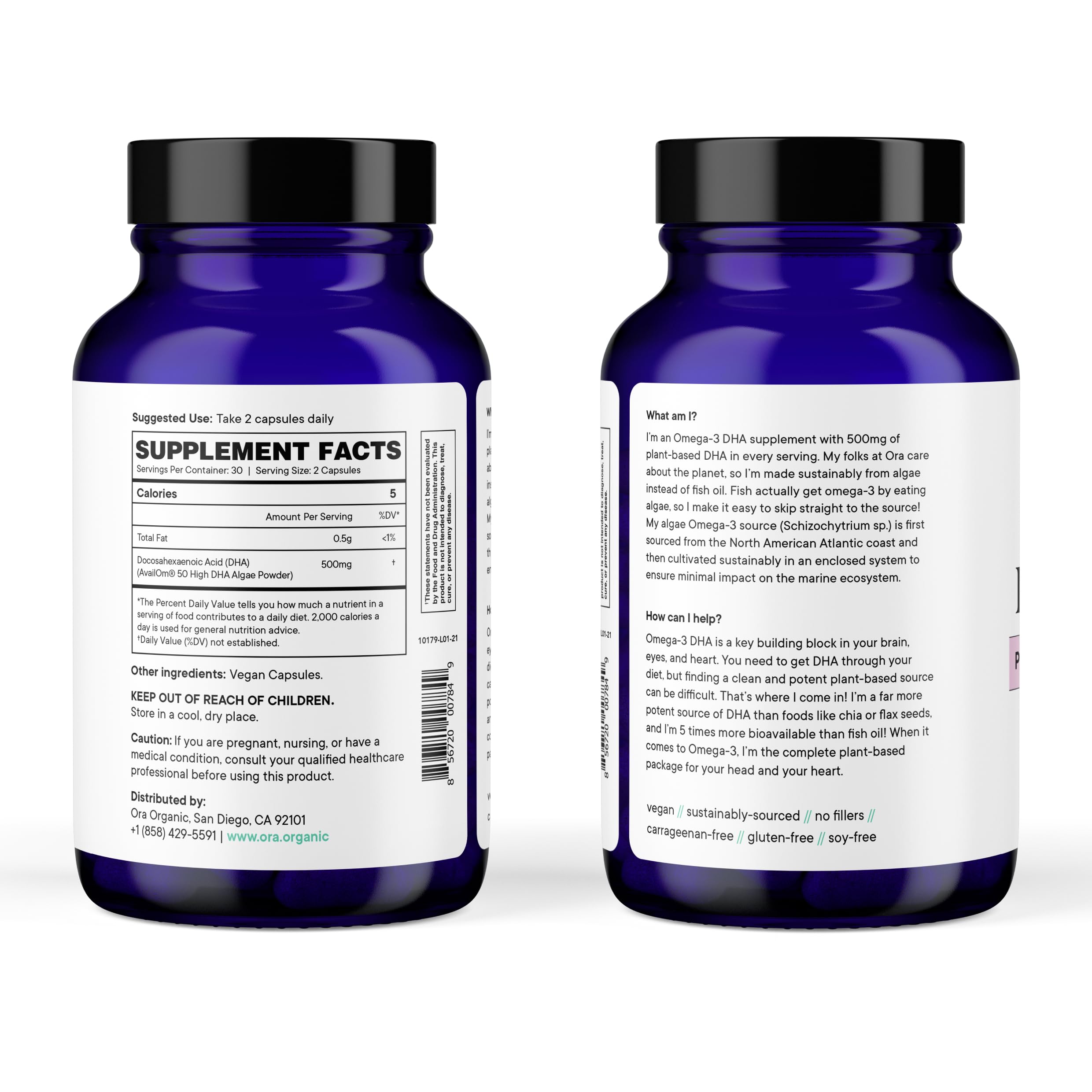 Ora Organic vegan omega3 label zoom: clear nutrient info and sustainable sourcing.