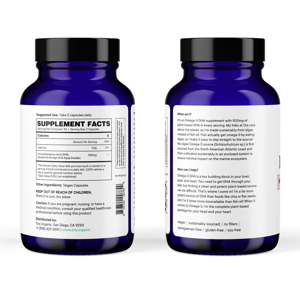 Ora Organic vegan omega3 label zoom: clear nutrient info and sustainable sourcing.