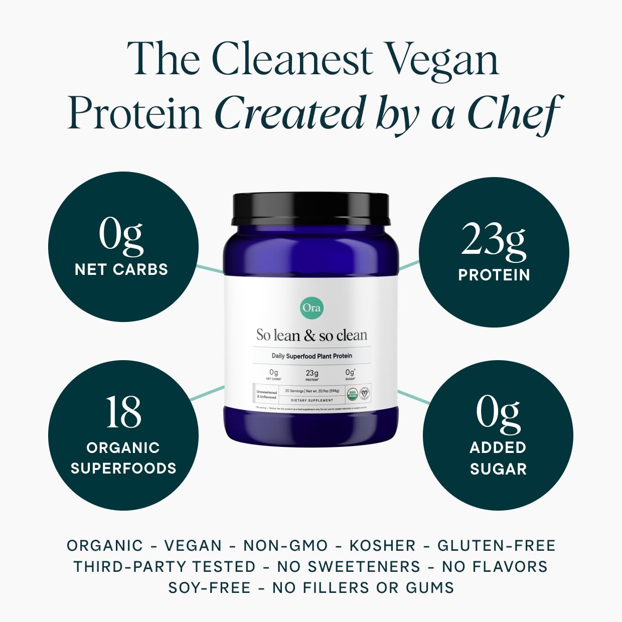 Ora Organic vegan protein powder being poured into a glass