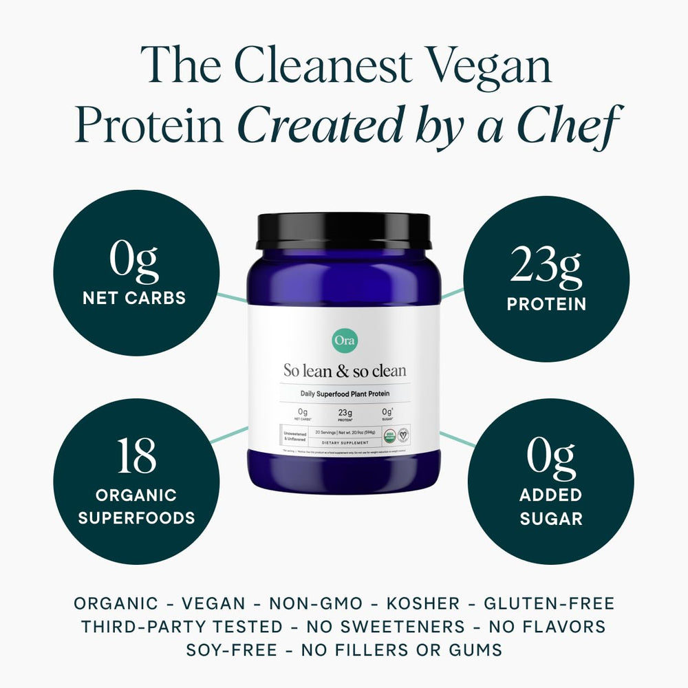 Ora Organic vegan protein powder being poured into a glass