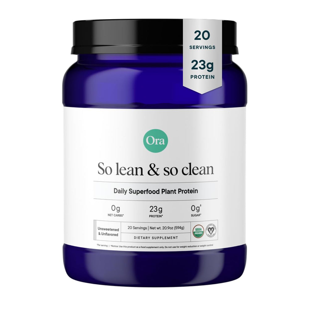 Ora Organic vegan protein powder tub front for plant-based nutrition