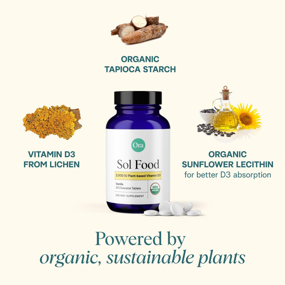 Ora Organic Vitamin D3 from lichen image emphasizes vegan source for clean daily vitamin intake.