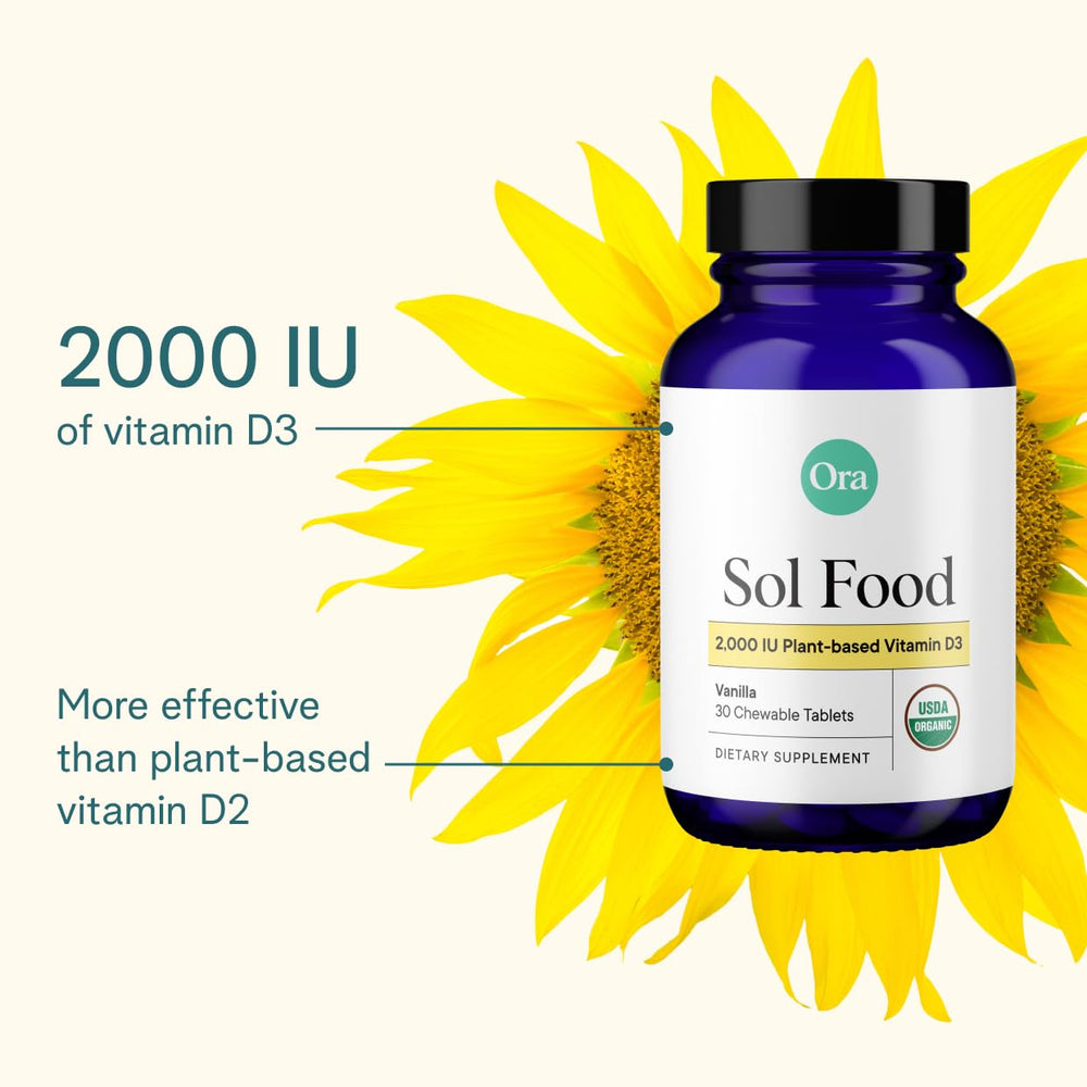 Ora Organic Vitamin D3 2000IU packaging front shows vegan, organic, minimal ingredients.
