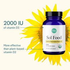 Ora Organic Vitamin D3 2000IU packaging front shows vegan, organic, minimal ingredients.