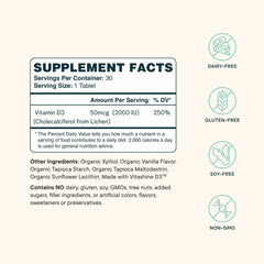 Ora Organic Vitamin D3 2000IU vanilla chewables label closeup highlights lecithin for absorption.