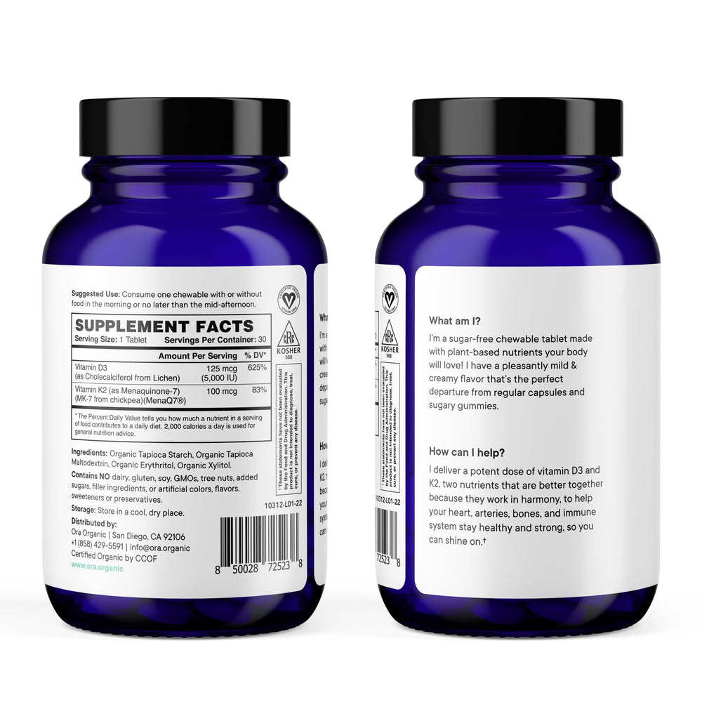 Close look at Ora Organic Vitamin D3 + K2 from chickpeas for plant-based support.
