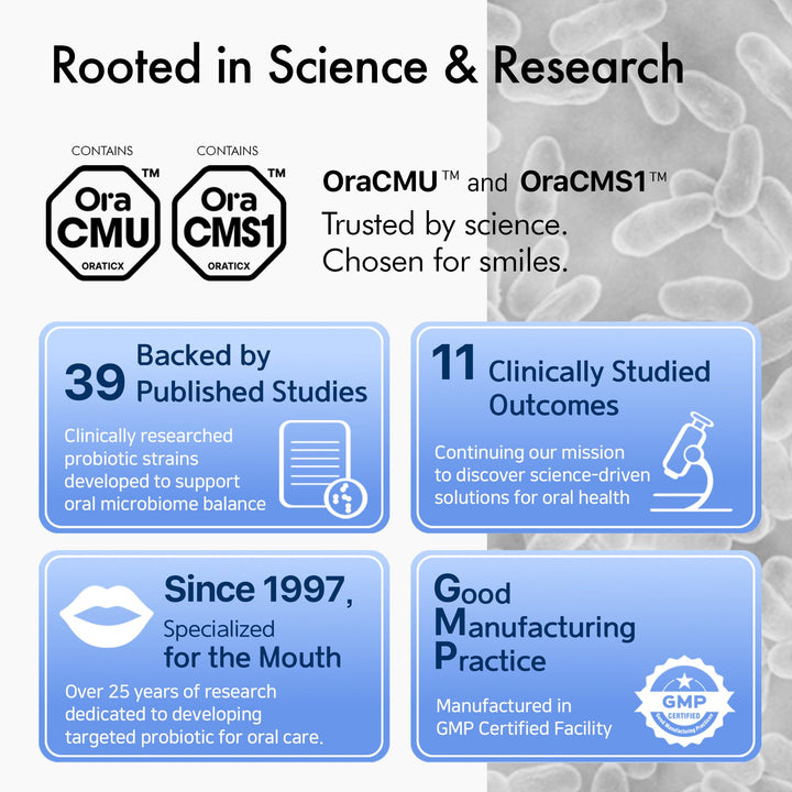 Side view of OraTicx bottle label with dosage and product details.