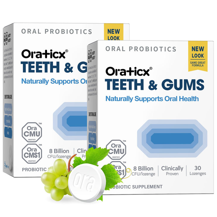 OraTicx Teeth & Gums Probiotics bottle shown for daily oral balance and fresh breath.