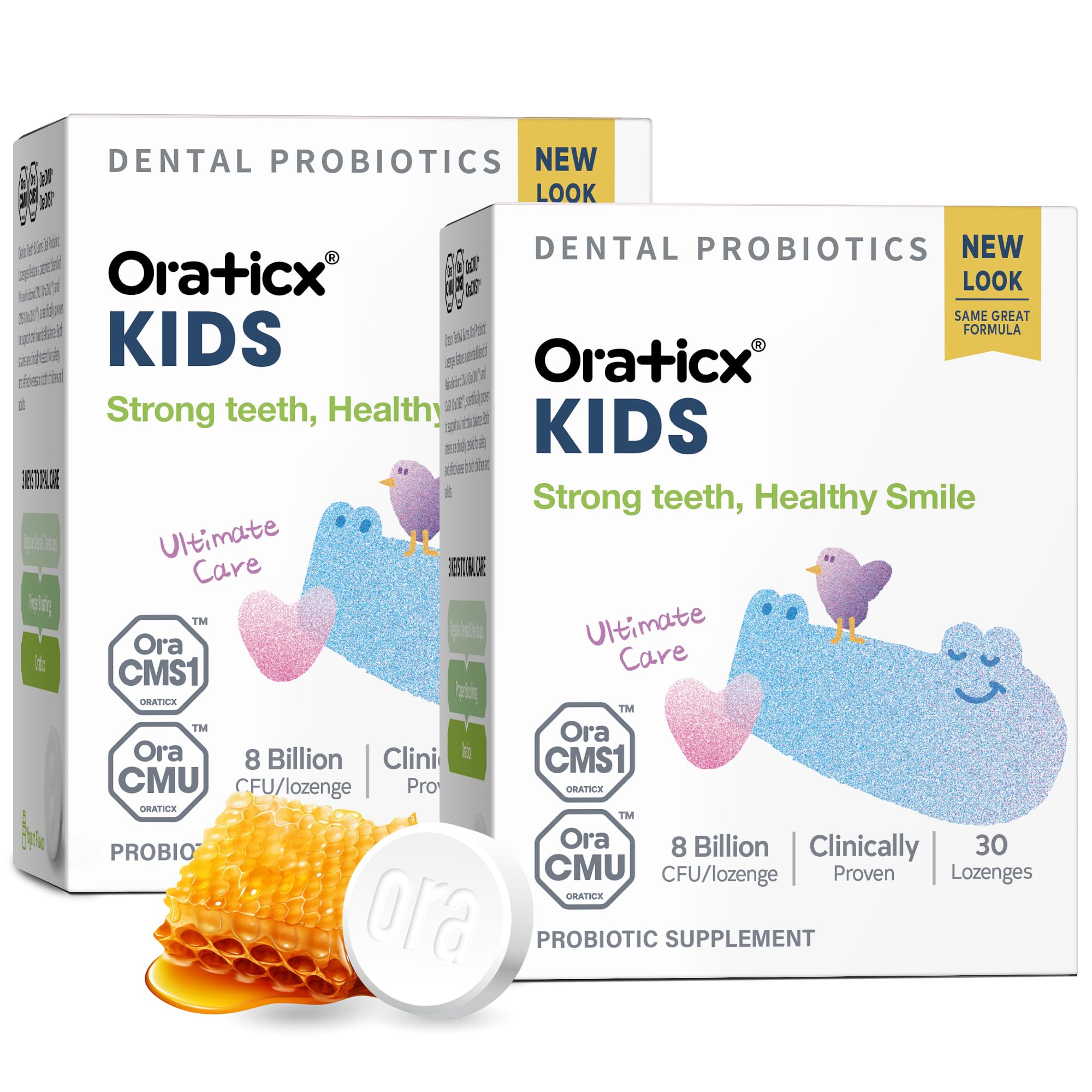 OraTicx Kids probiotic bottle shows shelf-stable formula for ongoing use