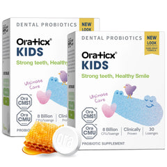 OraTicx Kids probiotic bottle shows shelf-stable formula for ongoing use