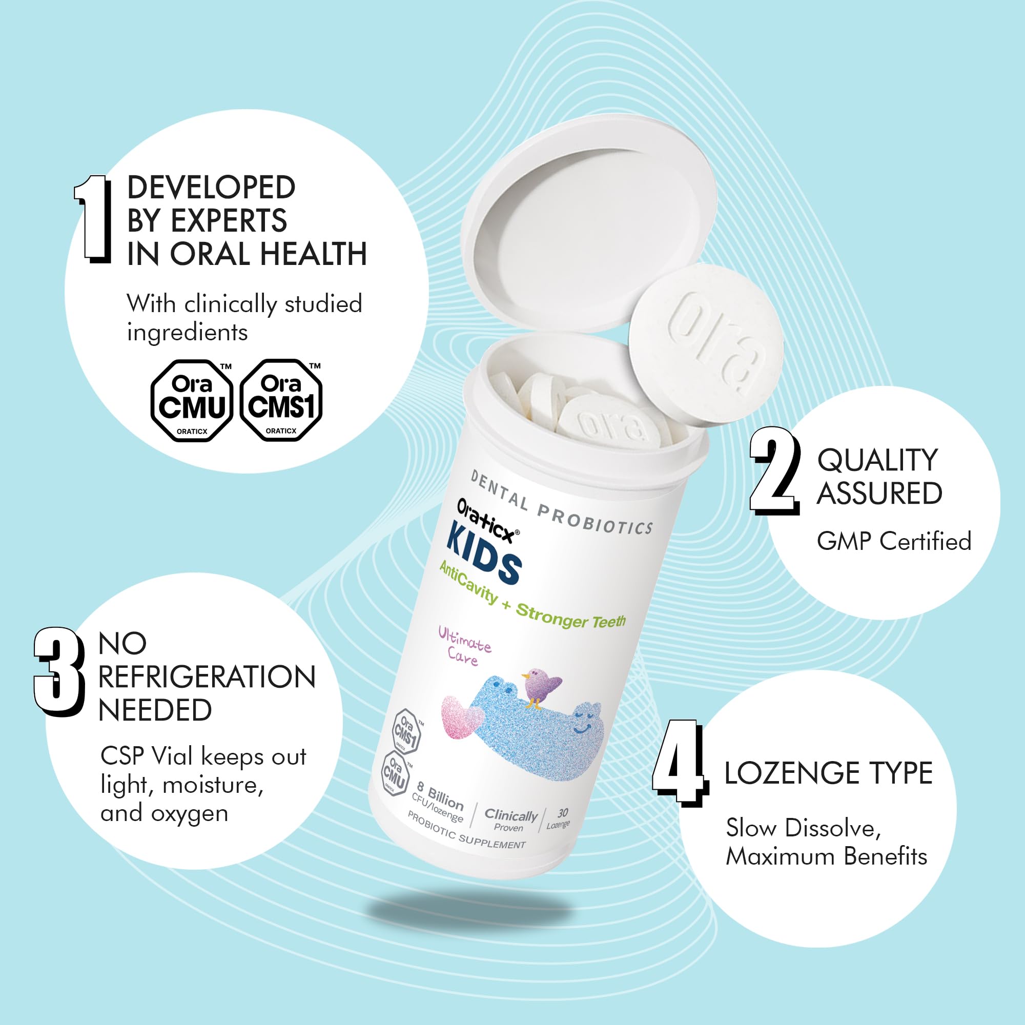 Child-friendly packaging encourages a positive dental routine with OraTicx probiotics.